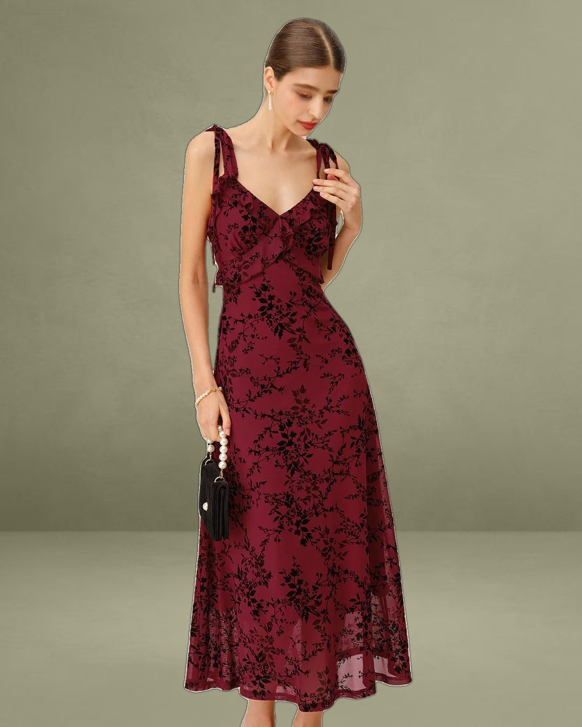 Red Floral Ruffle Slip Midi Dress