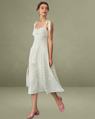 The Light Green Satin Floral Tie Strap Slit Midi Dress