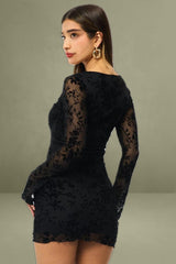 Black Bodycon Dress Mini Long Sleeve Burnout