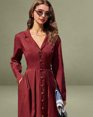 Wine Red Ruched A-Line Midi Dress