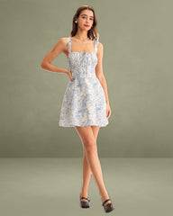 Blue Floral Ruched Slip Corset Mini Dress