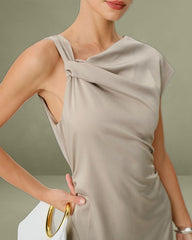 Grey Cowl Sleeve Asymmetrical Satin Midi Dress
