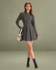 Grey Buttoned Pleated Mini Skirt Dress