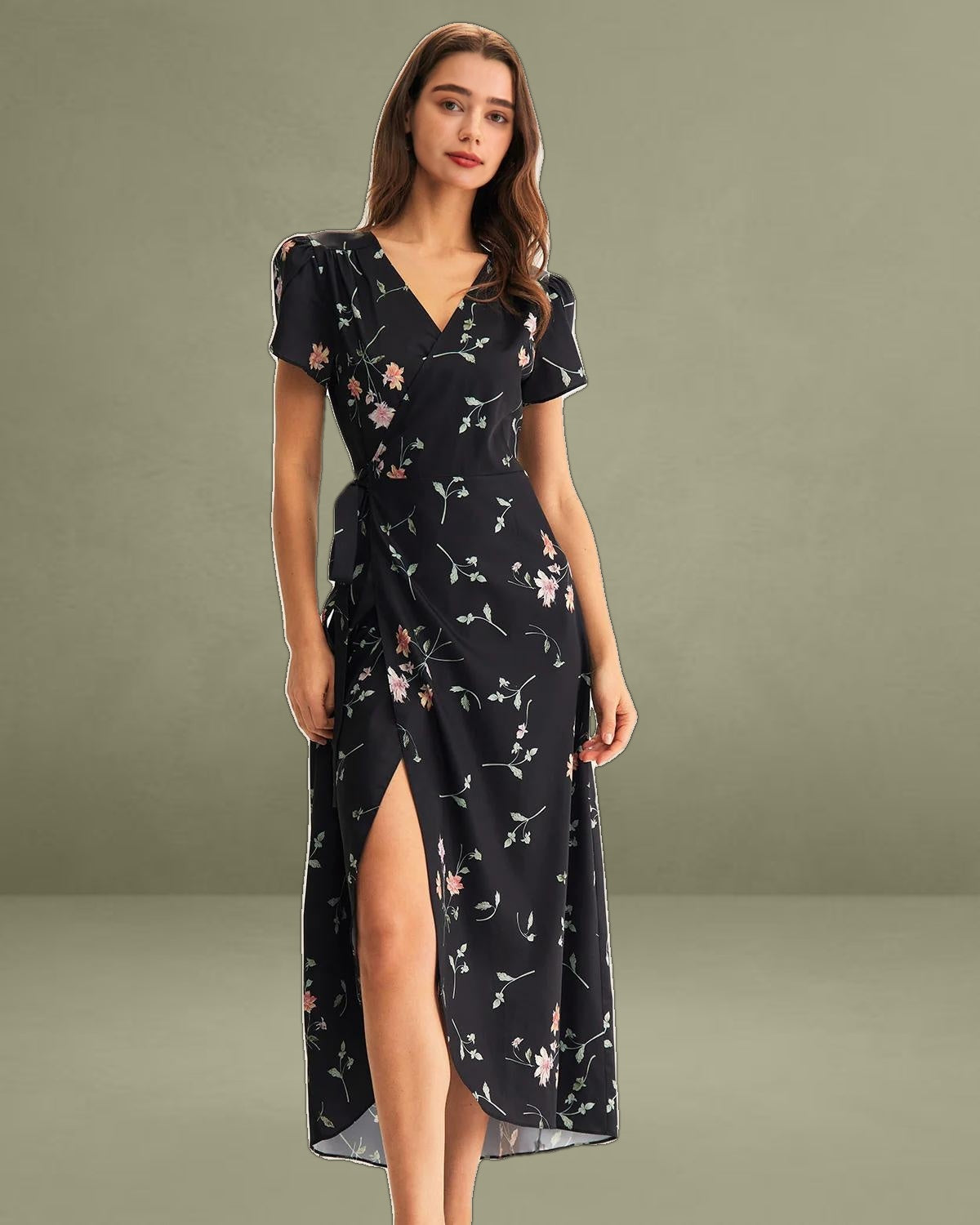 Black Floral Wrap Maxi Dress