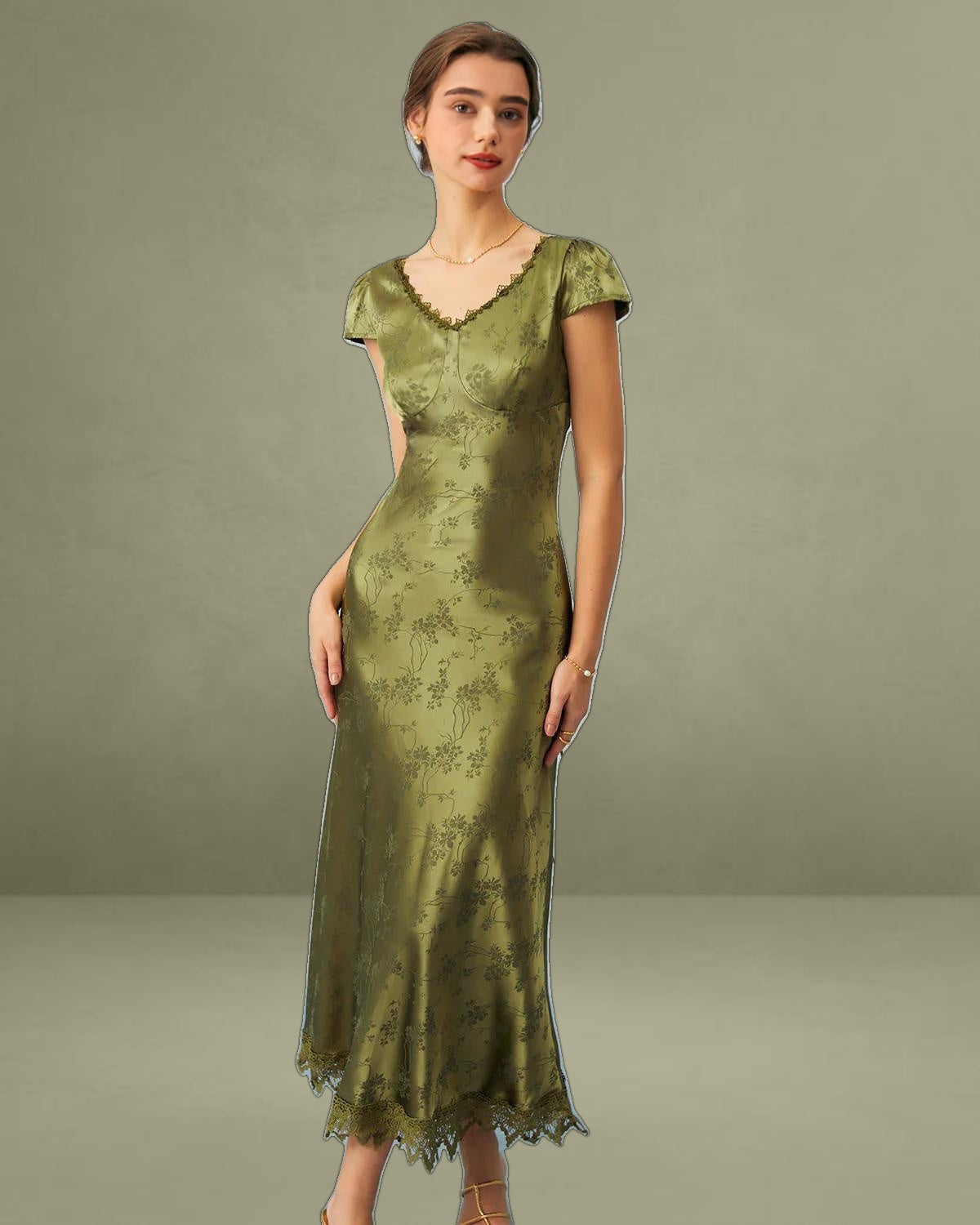 Green Jacquard Cap Sleeve Satin Midi Dress