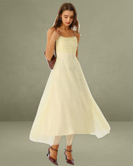 Beige Mesh Flowy Slip Midi Dress