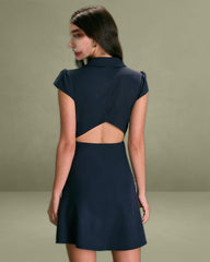 The Navy Lapel Cap Sleeve Button-up Mini Dress