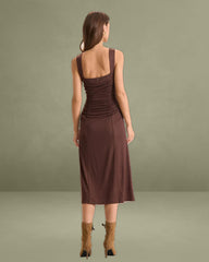 Women's Brown Ruched Knitted Slip Midi Dress