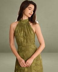 The Green Jacquard Ruched Halter Midi Dress
