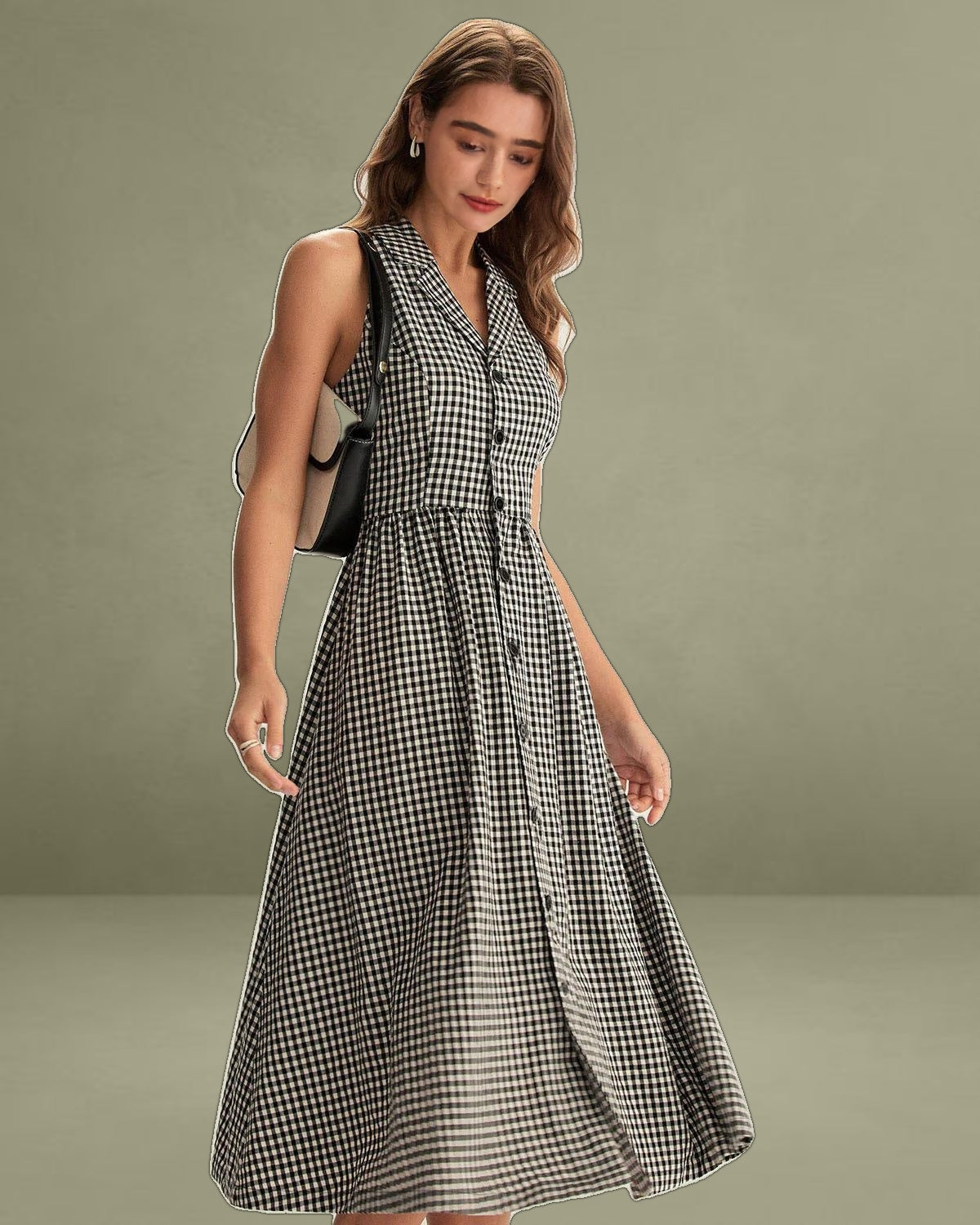 Black Plaid Sleeveless Button Midi Dress