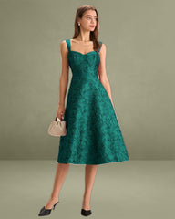 Green Sweetheart Neck Jacquard Midi Dress