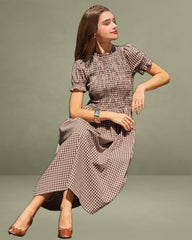 Brown Plaid Shirred Puffed Sleeve Mid-length Dress