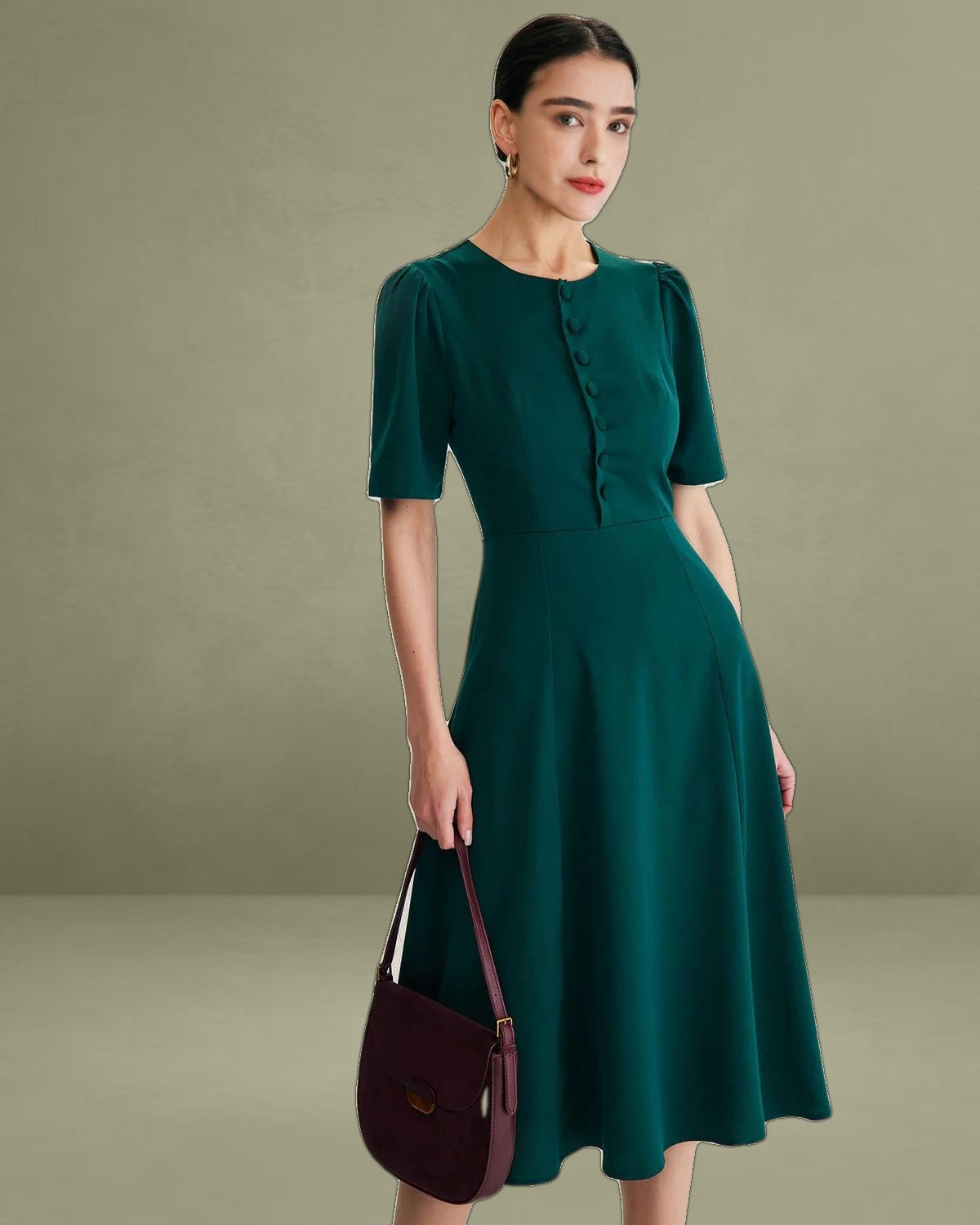 Green Puffed Sleeve Button Midi Dress