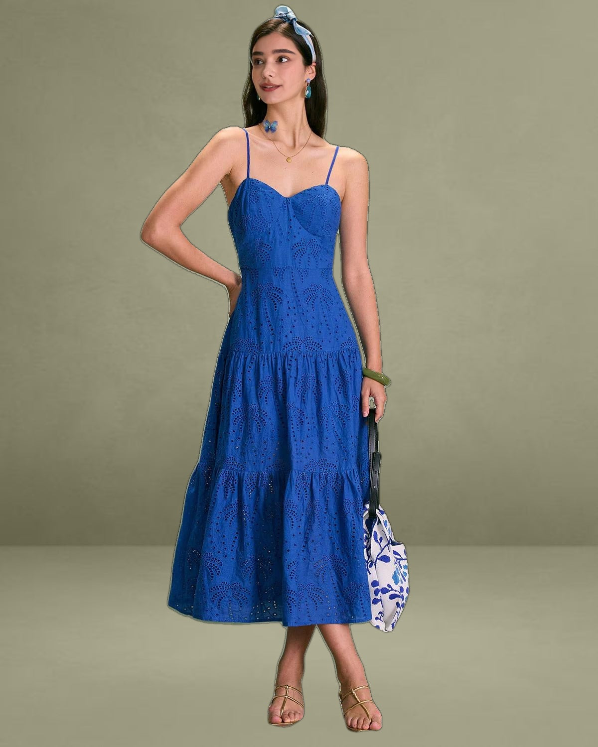 The Blue Sweetheart Neck Embroidery Slip Midi Dress