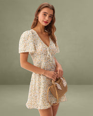 Yellow Floral V-Neck Mini Dress