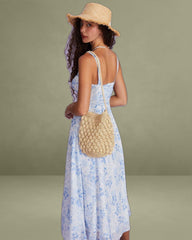 The Blue Square Neck Floral Ruched Midi Dress