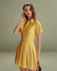 Yellow Button Pleated Mini Dress