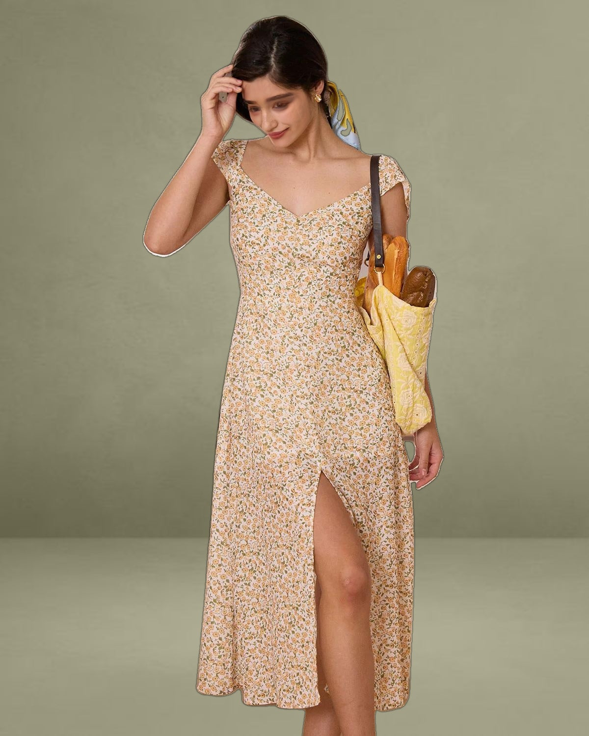 The Yellow V Neck Floral Slit Midi Dress