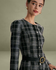 The Black Crew Neck Plaid A-Line Mini Dress