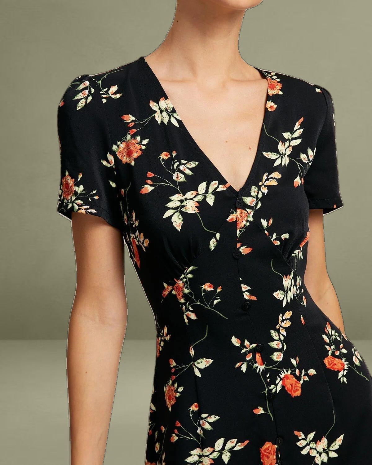 Black V-Neck Floral Button-Up Mini Dress