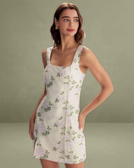 Beige Square Neck Embroidery Slit Slip Mini Dress