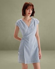 Blue Plaid Cap Sleeve Wrap Mini Dress