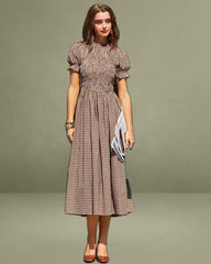 Brown Plaid Shirred Puffed Sleeve Mid-length Dress