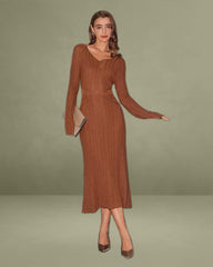 Brown Bell Sleeve Bodycon Sweater Dresses