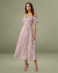 Grey Floral Square Neck Puffed Sleeve Midi Dress