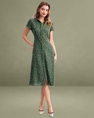 The Green Lapel Button Up Floral Midi Dress
