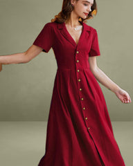 Red A-Line Pleated Button Midi Dress