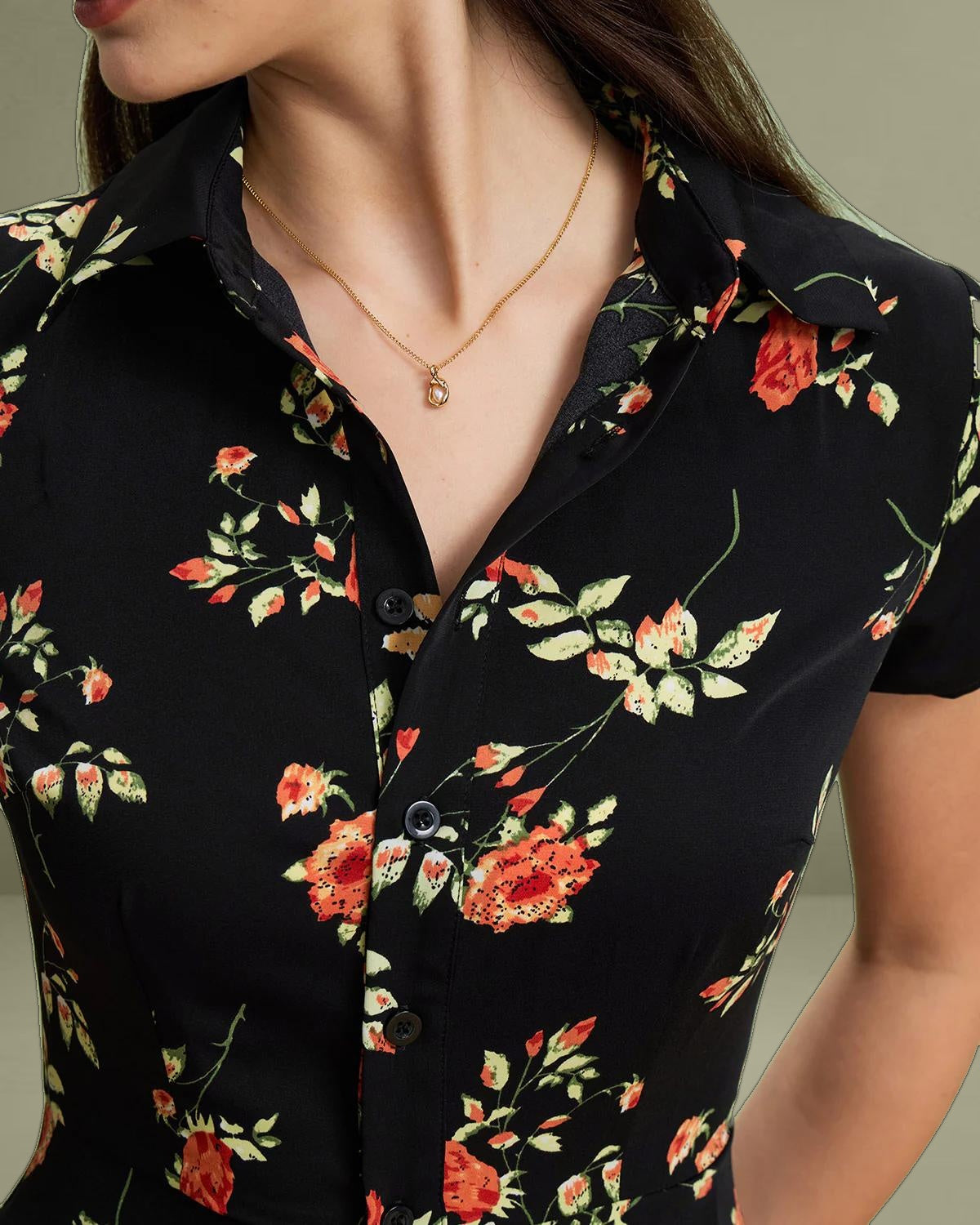 Black Floral Button A-Line Midi Dress