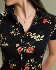Black Floral Button A-Line Midi Dress