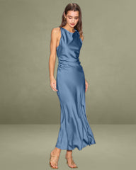 Blue Satin Boat Neck Slip Midi Dress