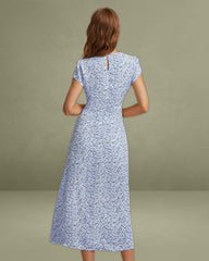 The Blue Round Neck Floral Slit Midi Dress