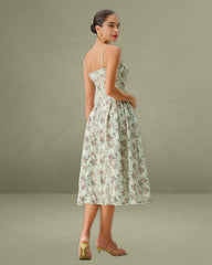 Green Floral Sweetheart Neck Pleated Slip Midi Dress