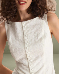 Women's White Boat Neck Jacquard Cotton Mini Dress