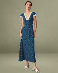 Navy V-Neck Polka Dot Lace Ruched Maxi Dress