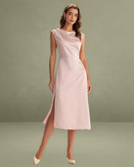 Pink Satin Boat Neck Slit Sleeveless Midi Dress