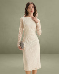Apricot Lace Boat Neck Long Sleeve Midi Dress