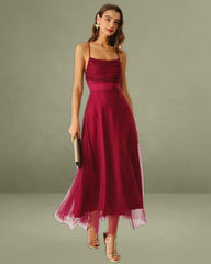 Wine Red Mesh Flowy Slip Midi Dress