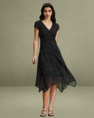 Black V Neck Polka Dot Midi Dress