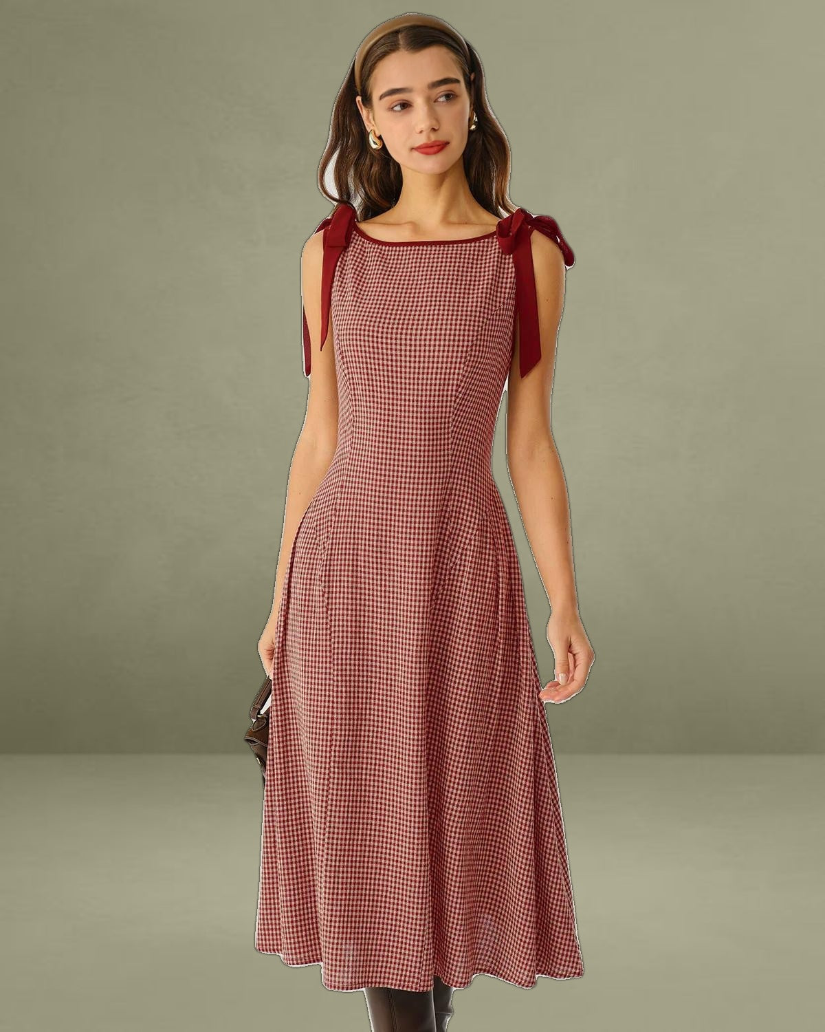 Red Plaid Tie Strap A-Line Midi Dress
