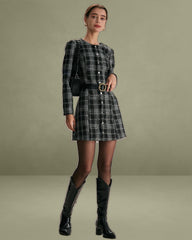 The Black Crew Neck Plaid A-Line Mini Dress