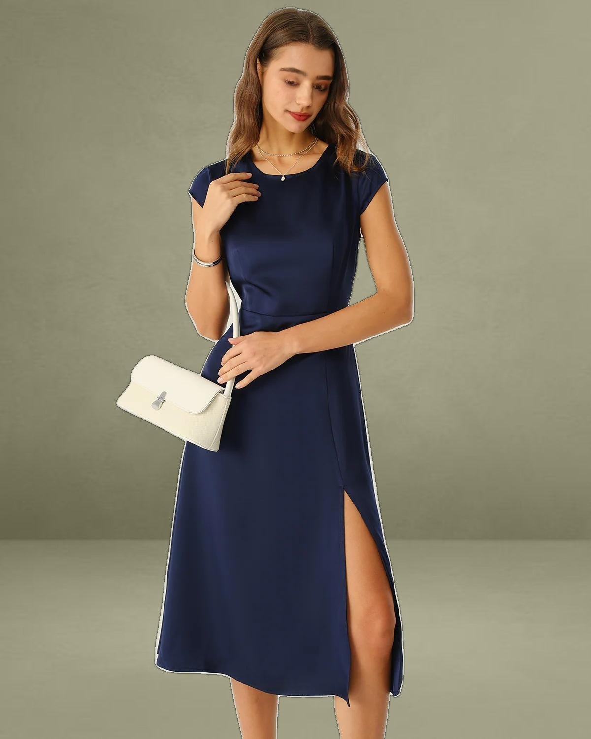Navy Satin Cut Out Slit Midi Dress