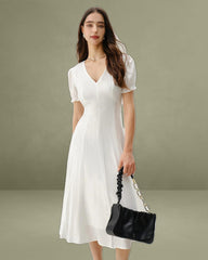 White Puffed Sleeve V Neck Midi Dress