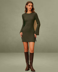 Army Green Bell Sleeve Sweater Dress