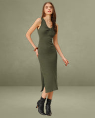 Army Green V Neck Sleeveless Sweater Dress