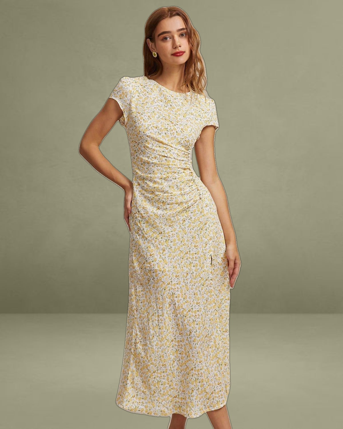 The Yellow Round Neck Floral Midi Dress