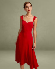 The Red Sweetheart Neck Cap Sleeve Midi Dress